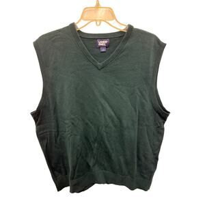 Lands End Men's L green V Neck Sleeveless Sweater Vest cotton preppy sleeveless